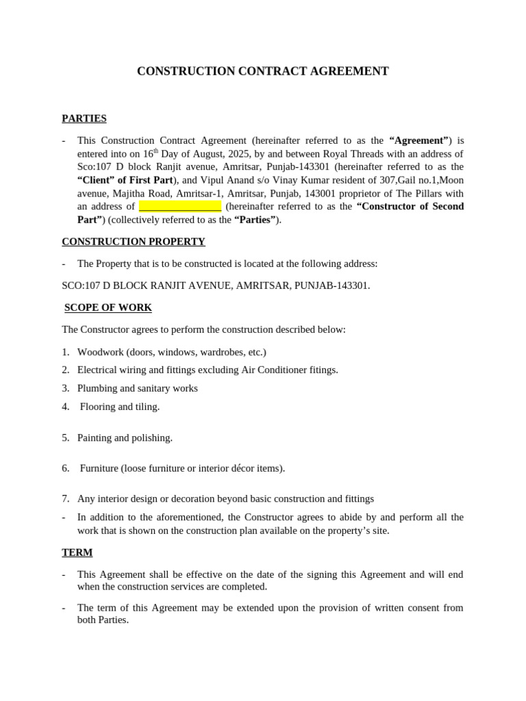 Construction Contract Agreement Template | PDF | Indemnity | Civil Law ...