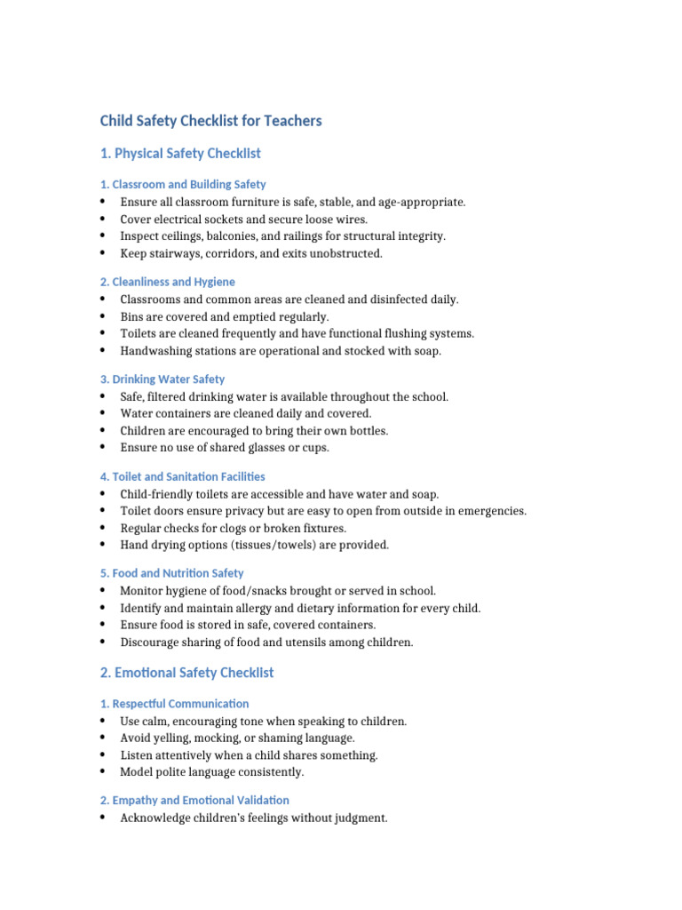 Enhanced Child Safety Checklist Teachers TOPICS | PDF | Toilet | Hygiene