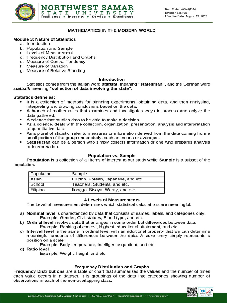 MMW Handout (3) | PDF | Mean | Statistics