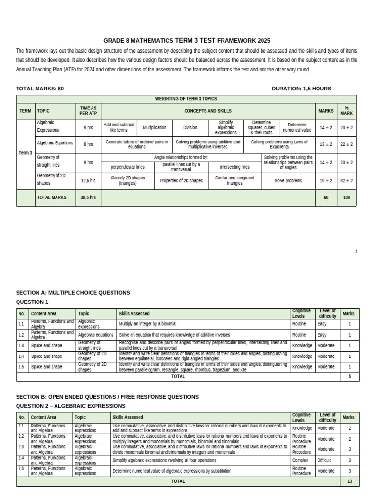 Grade 8 Math Term 3 Test Framework | PDF | Line (Geometry) | Geometry