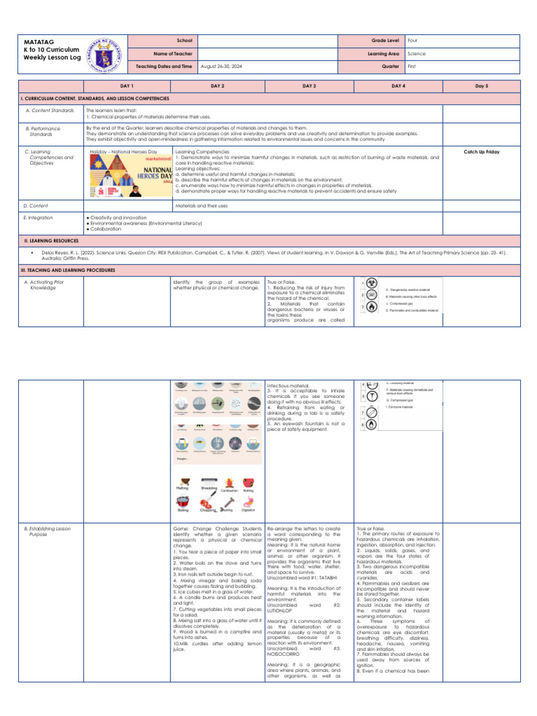 Weekly Science Lesson Plan for Grade 4 | PDF | Bleach | Water