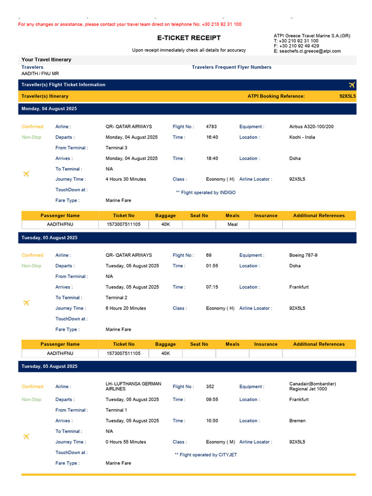 Atpi Itinerary Fnu Aadith Flight | PDF