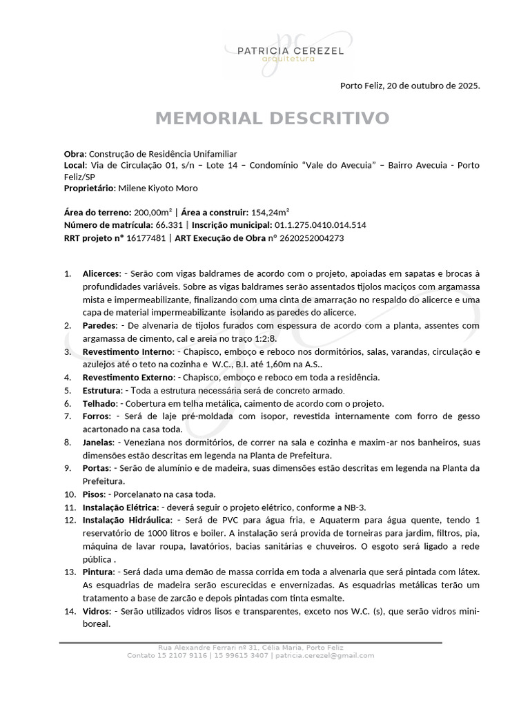 Memorial Descritivo de Residência Unifamiliar | PDF | Argamassa ...