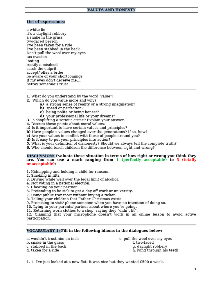 Values and Honesty Lesson Prawo | PDF