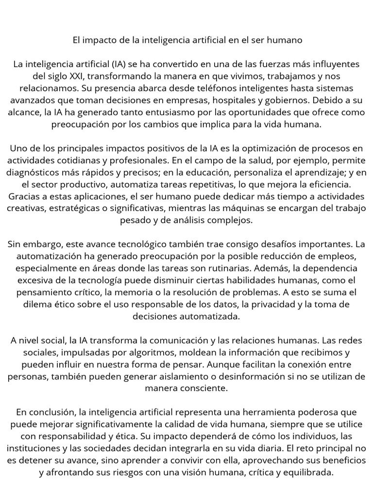 El Impacto de La Inteligencia Artificial en El Ser Humano La ...
