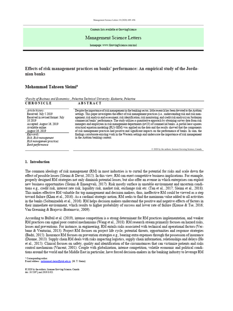 Impact of Risk Management on Jordanian Banks | PDF | Risk | Factor Analysis