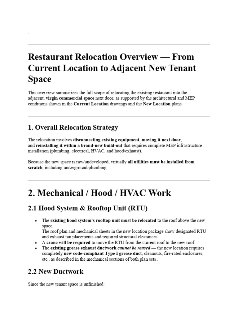 Restaurant Relocation Overview | PDF | Plumbing | Duct (Flow)