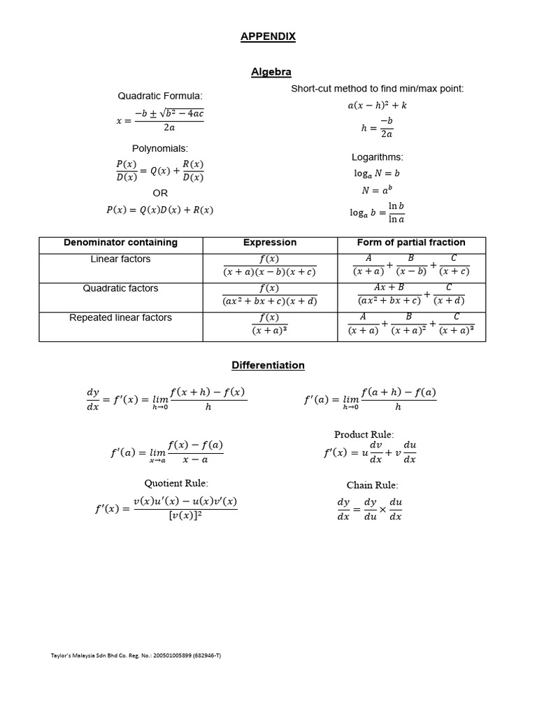 Algebra and Calculus Formulas Guide | PDF | Elementary Mathematics ...