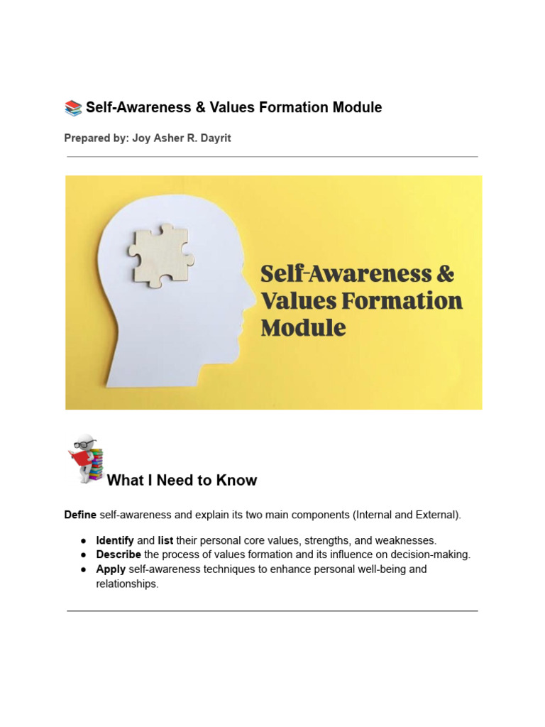 Self-Awareness and Values Formation Guide | PDF | Self Awareness ...