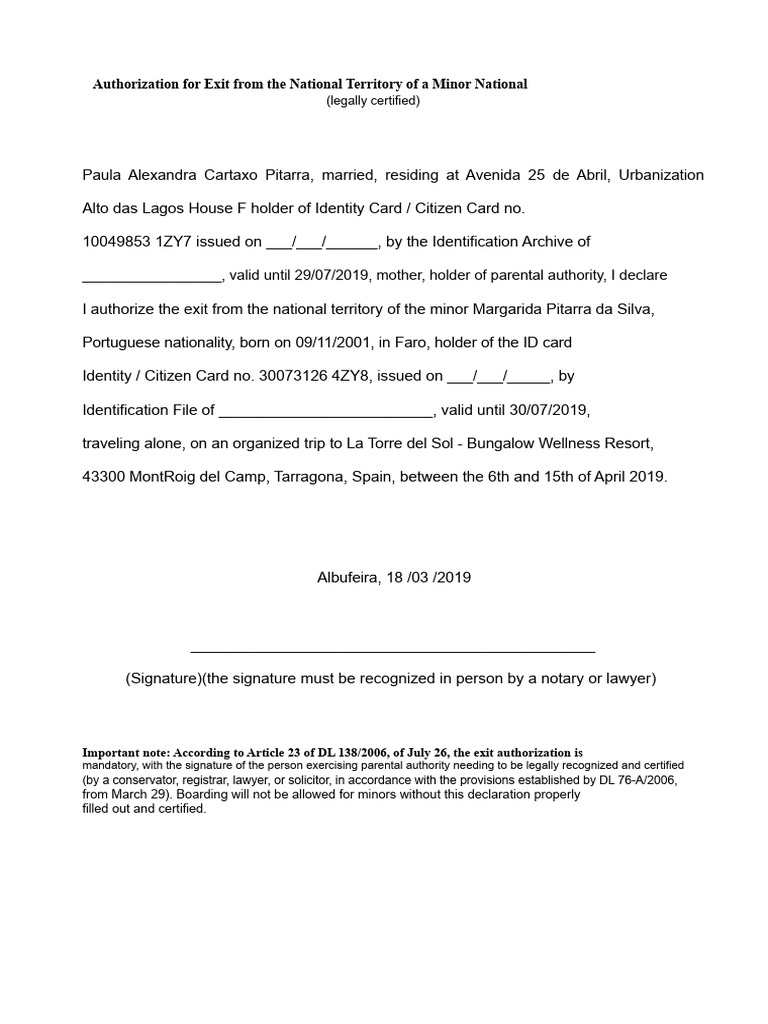 AUTHORIZATION FOR THE EXIT OF A NATIONAL MINOR FROM THE NATIONAL ...
