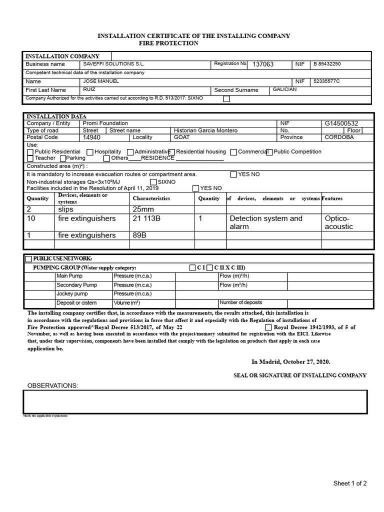 Fire Protection Installation Certificate | PDF