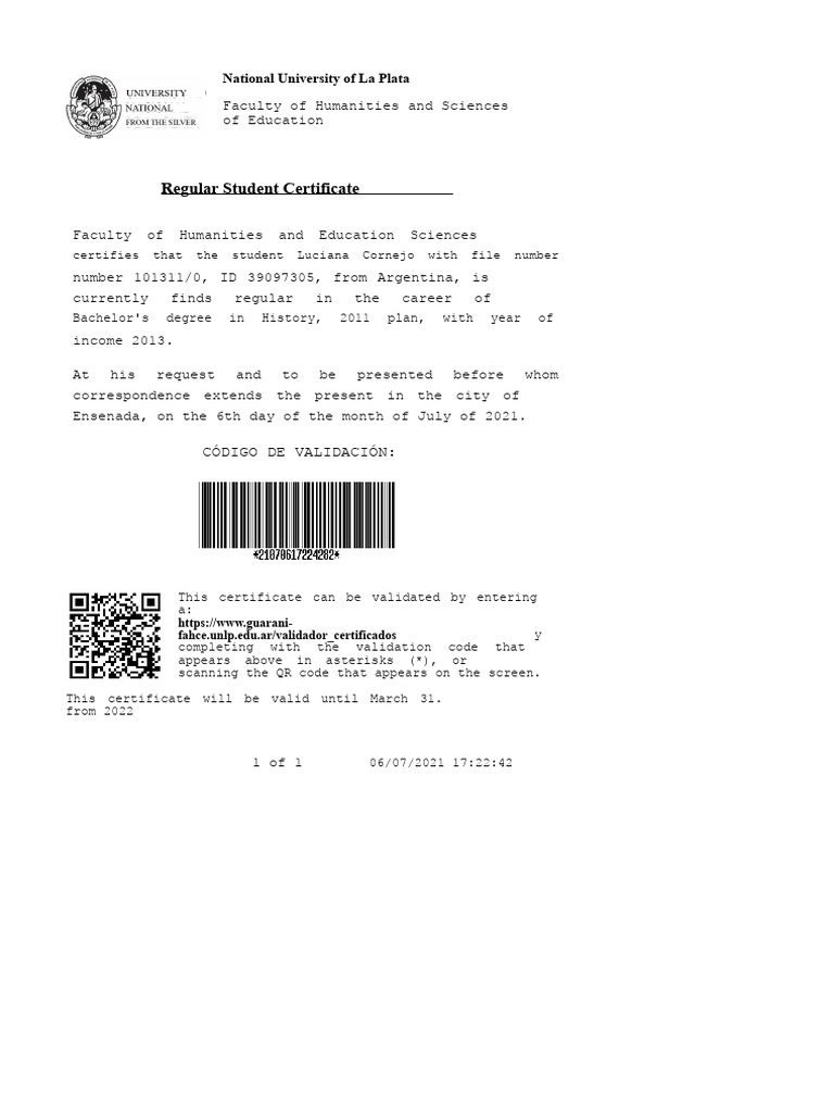 Regular Student Certificate | PDF