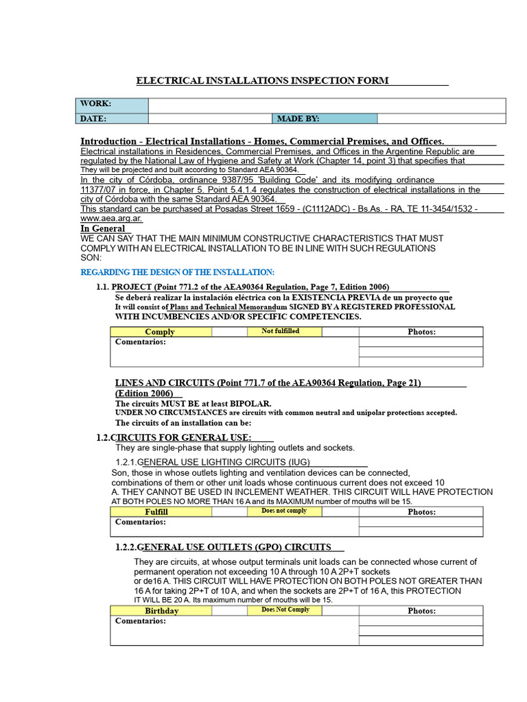 Electrical Installations Inspection Checklist | PDF | Electrical ...