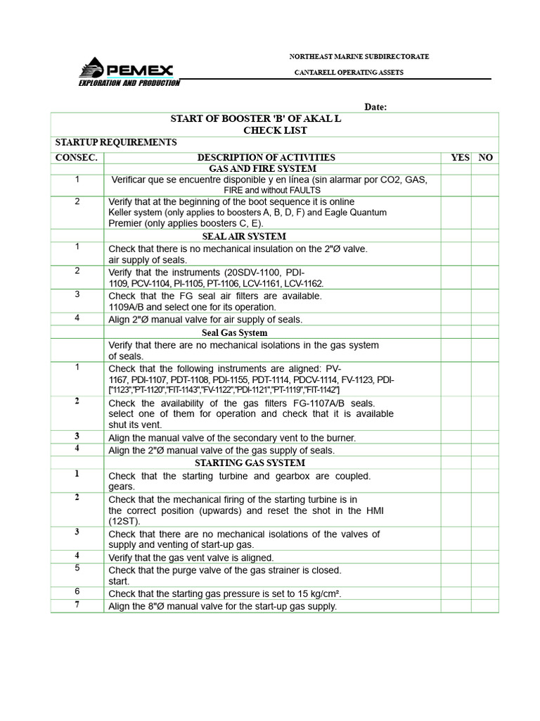 Akal L Booster B Startup Checklist | PDF | Valve | Pump