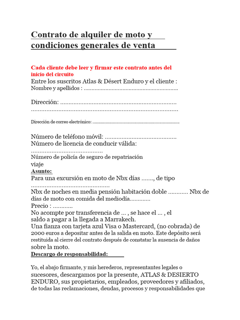 Contrato de Alquiler de Moto y Condiciones Generales de Venta | PDF ...