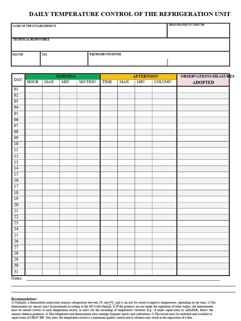 Daily Refrigeration Temperature Log | PDF