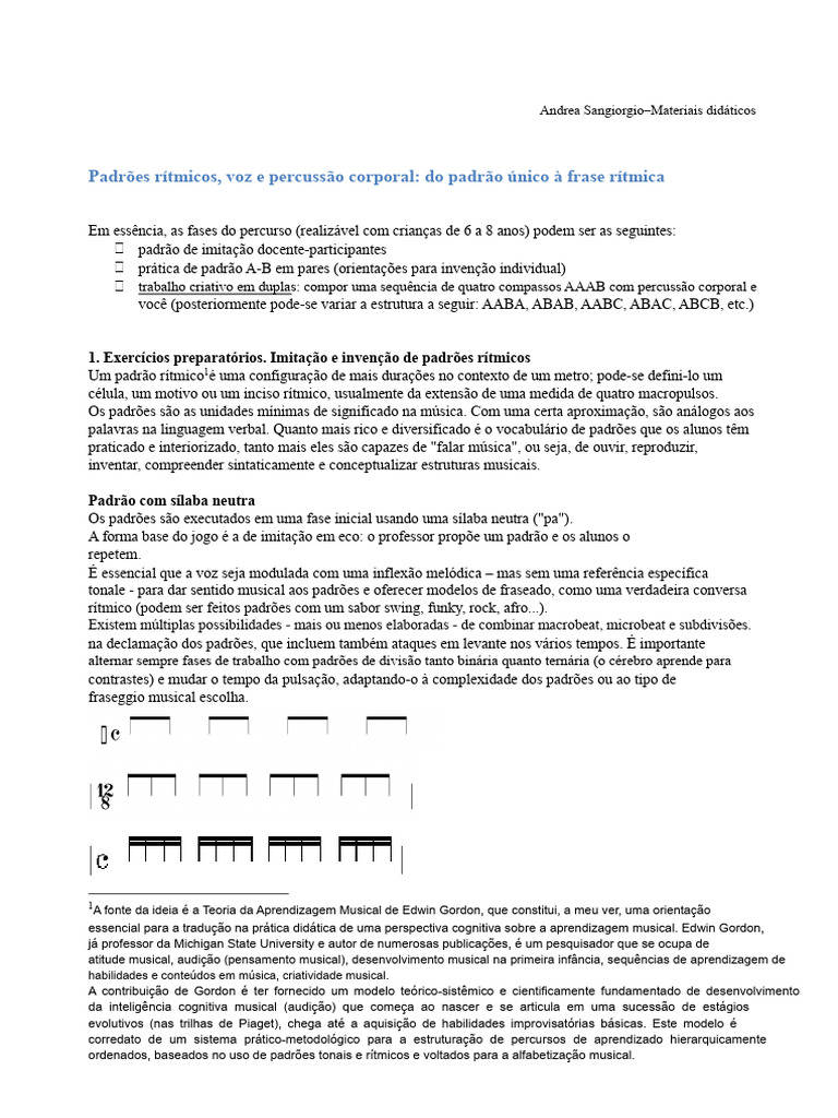 Padrões Rítmicos e Percussão Corporal | PDF | Aprendizado | Ritmo