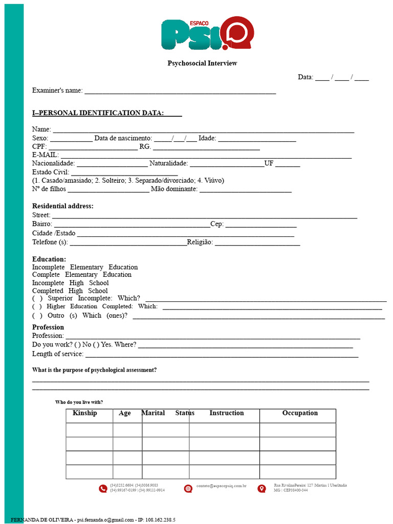 Psychosocial Interview Template | PDF | Psychosocial | Human Diseases ...