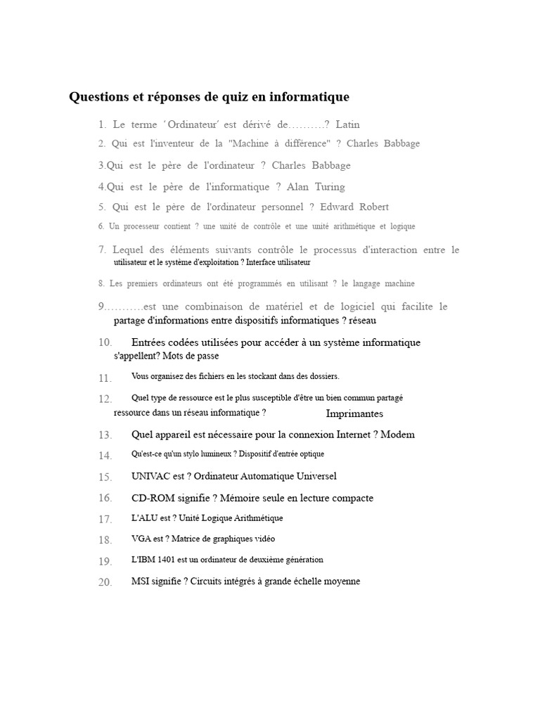 Quiz Informatique : Questions et Réponses | PDF | Informatique ...