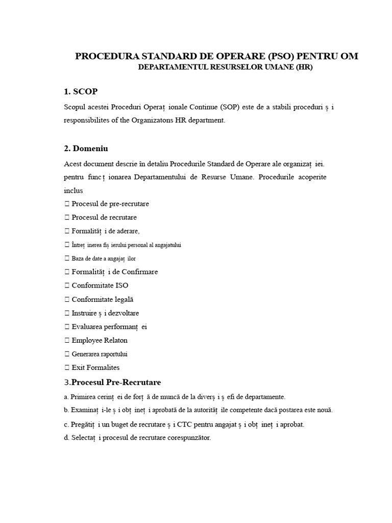 Procedura Standard de Operare Pentru Echipa de Resurse Umane | PDF
