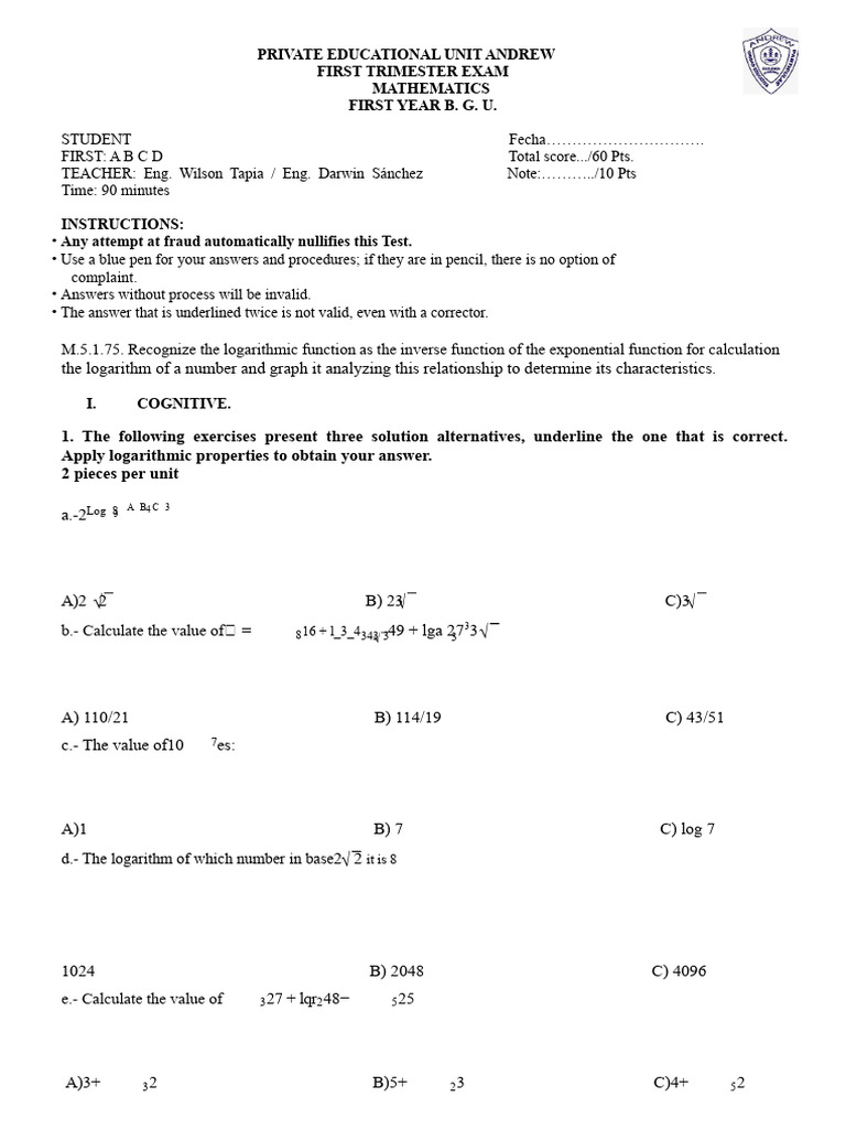 First Trimester Math Exam Guide | PDF | Equations | Variable (Mathematics)