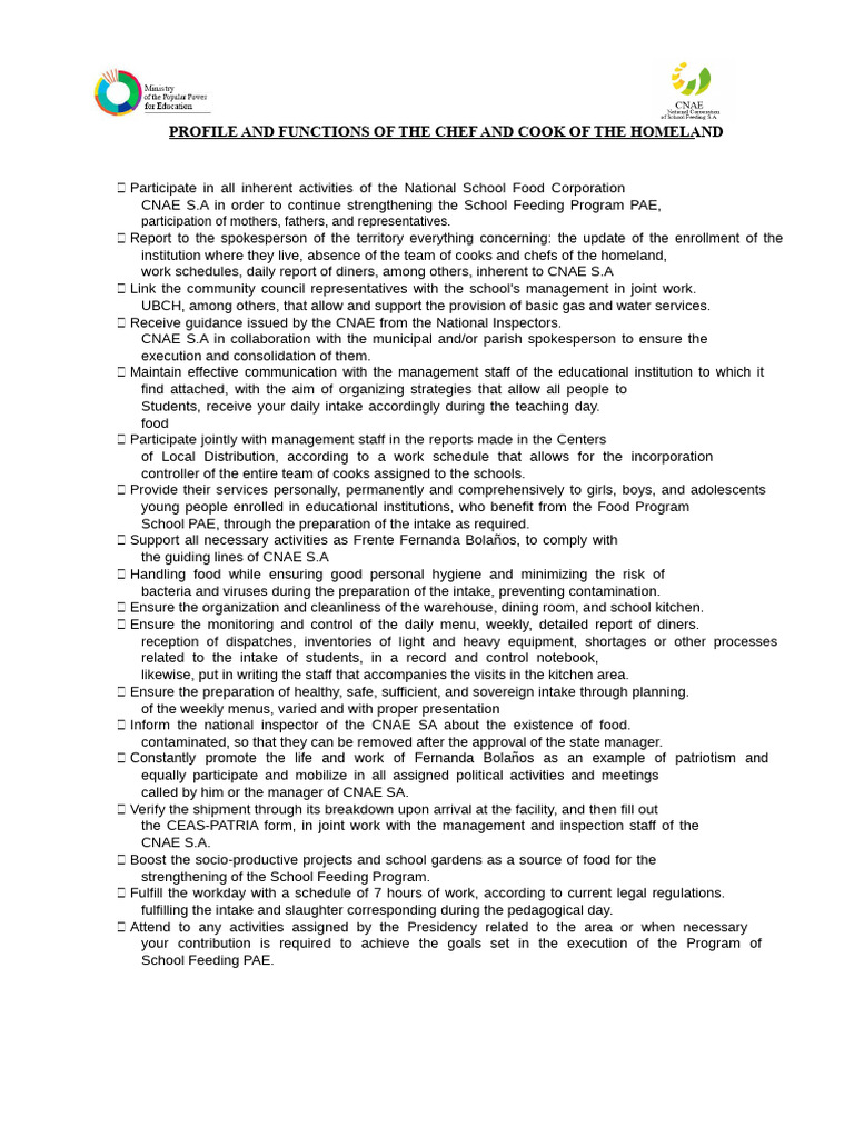 PROFILE AND FUNCTIONS OF THE COOK AND CHEF OF THE NATION | PDF | Chef