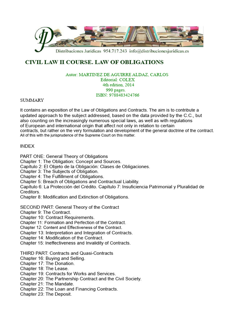 CIVIL LAW COURSE II - LAW OF OBLIGATIONS | PDF