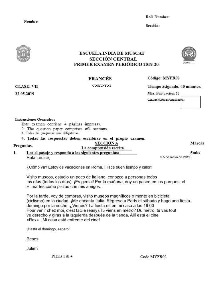 Clase 7 - Francés - Examen - Conjunto B - Primero - 220522 - 221509 ...
