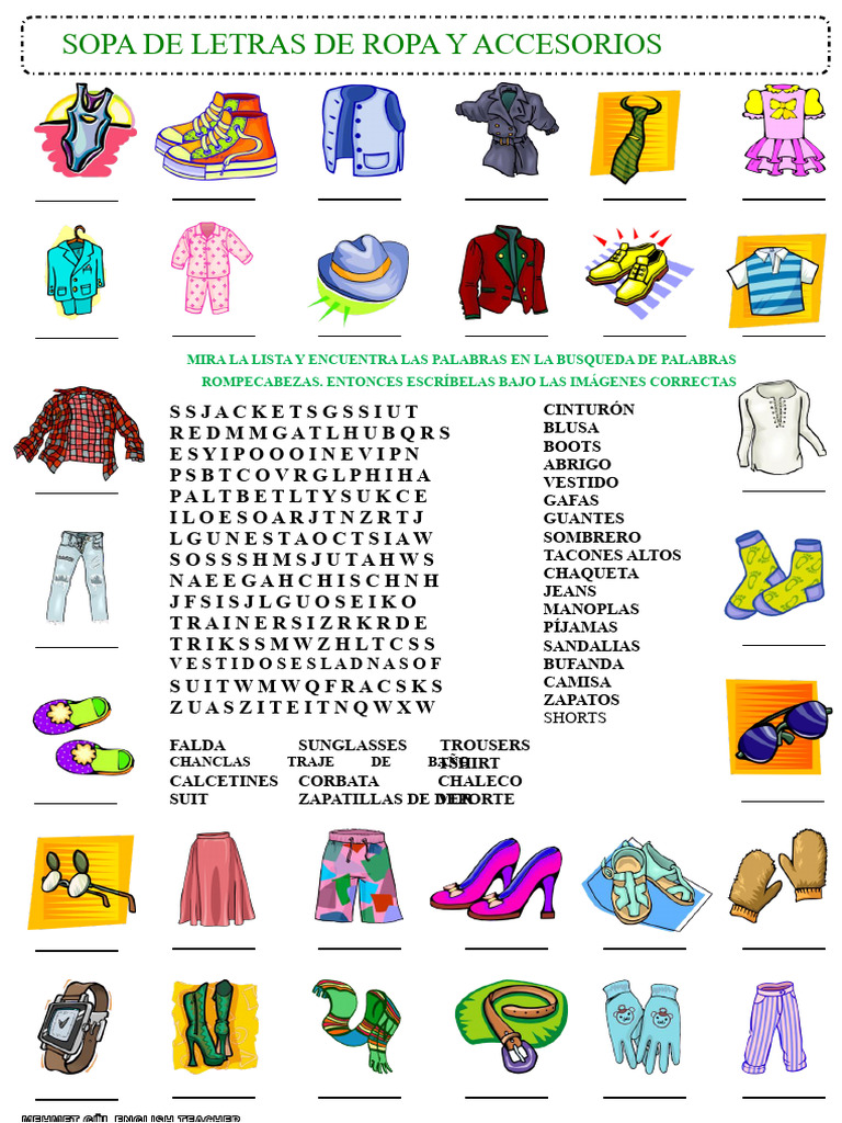Hoja de trabajo de vocabulario de sopa de letras de ropa y accesorios 1 ...