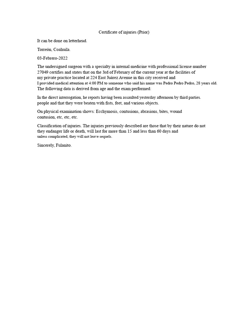 Medical Certificate of Assault Injuries | PDF