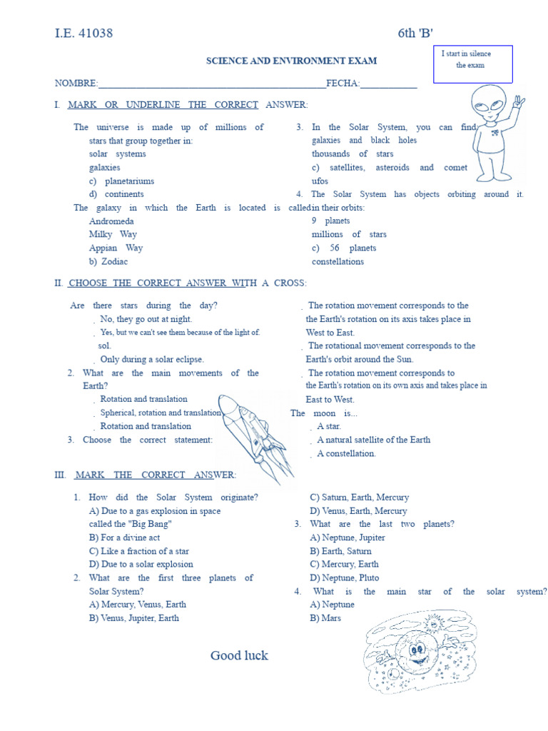 6th Grade Science Exam: Solar System | PDF | Solar System | Planets In ...