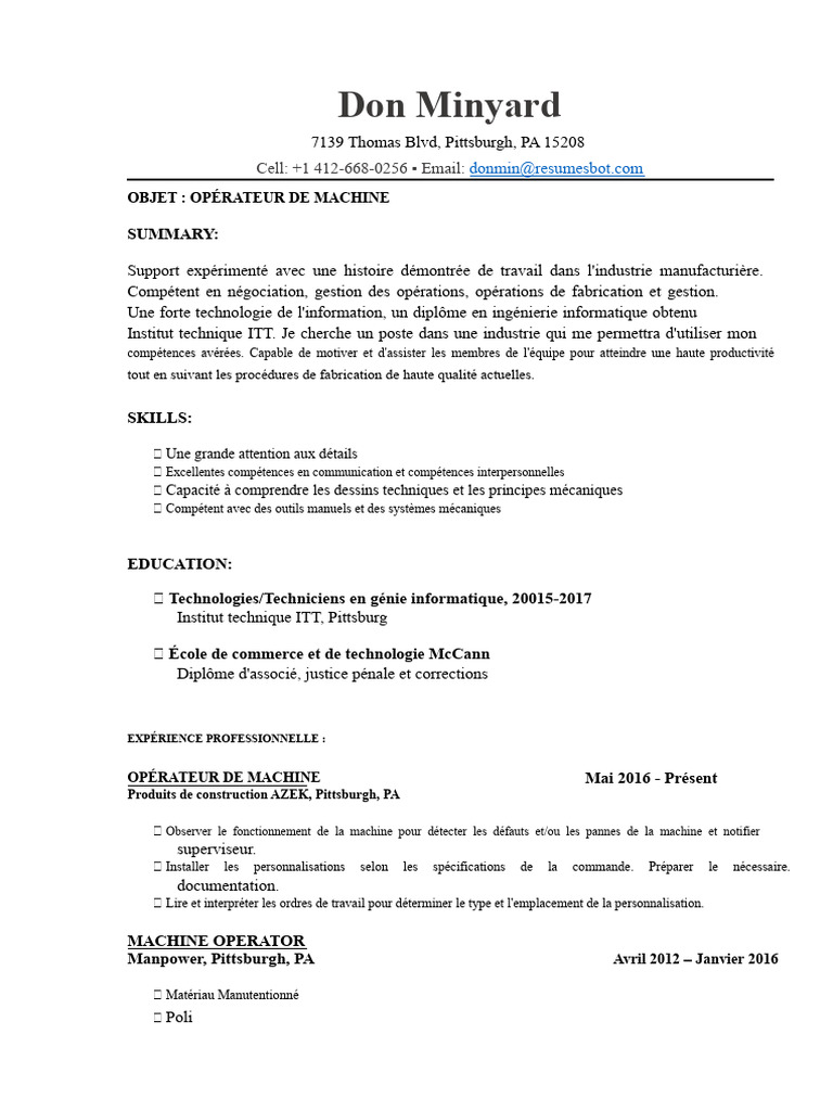 CV d'Opérateur de Machine Expérimenté | PDF | Machine | Informatique