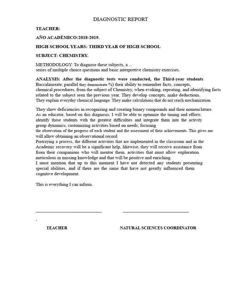 Chemistry Diagnostic Report 2018-2019 | PDF | Medical Diagnosis ...