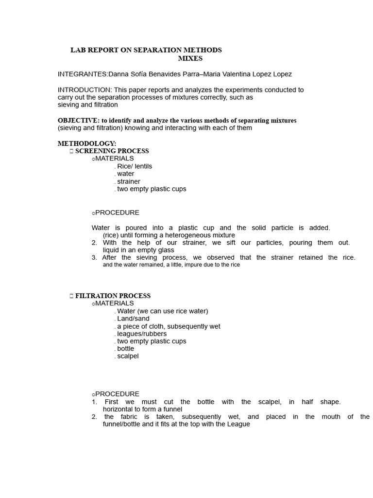 Laboratory Report On Methods of Separation of Mixtures | PDF ...
