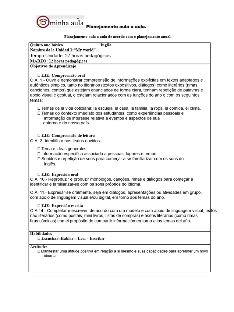 Planejamento de Aulas de Inglês 5º Ano | PDF | Pedagogia | Aprendizado
