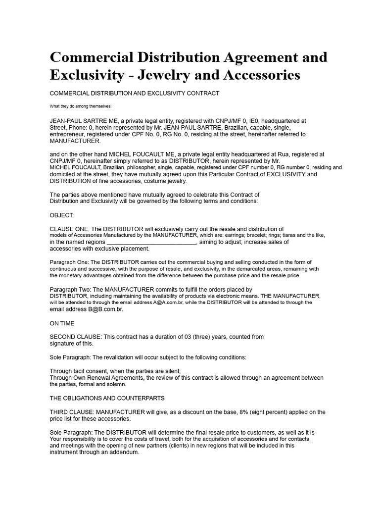 Commercial Distribution and Exclusivity Agreement - Jewelry and ...