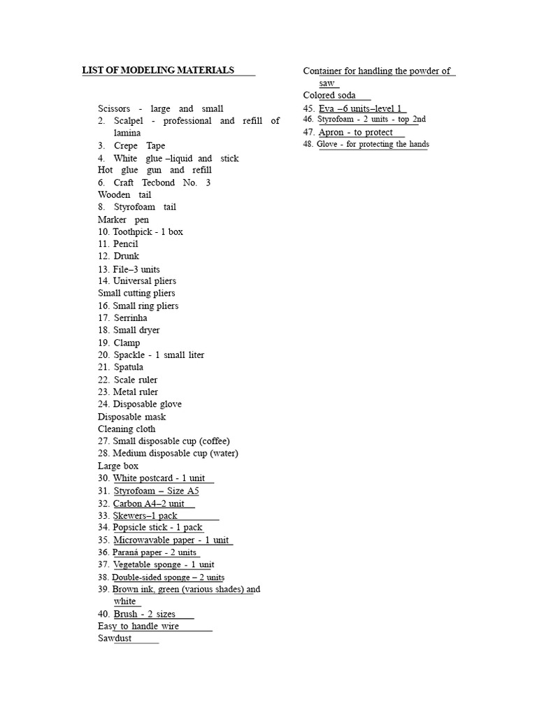 Essential Modeling Materials List | PDF