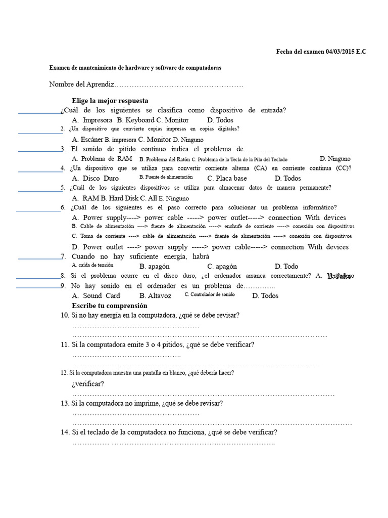 Examen de Mantenimiento de Hardware | PDF | Hardware de la computadora ...