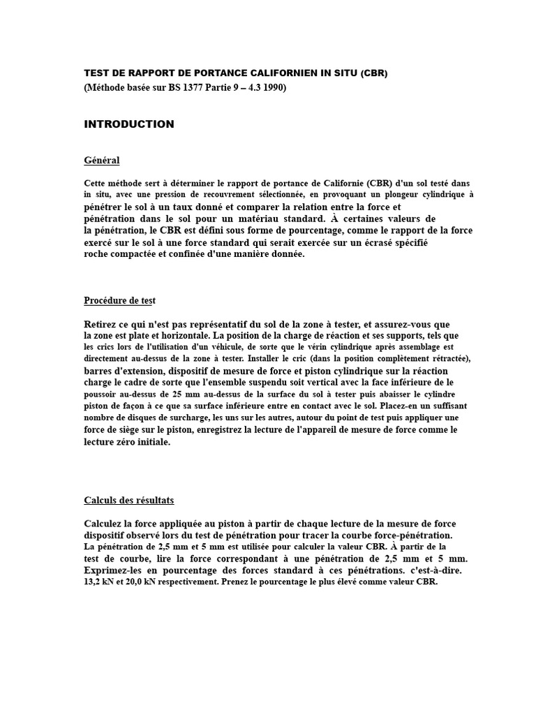 Test CBR In Situ : Méthode et Procédure | PDF