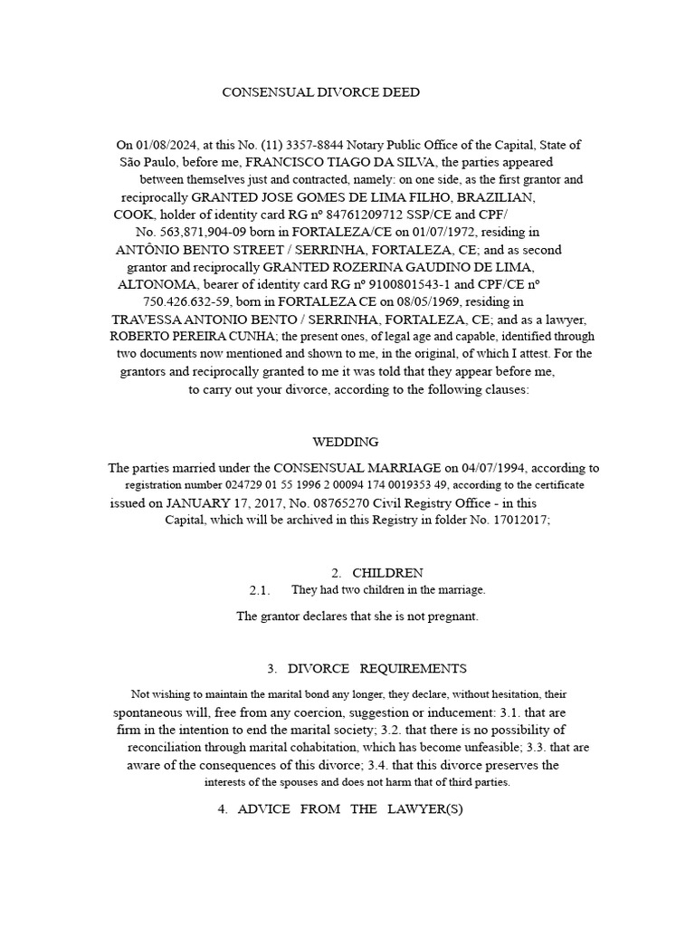 Consensual Divorce Deed in São Paulo | PDF | Divorce | Marriage