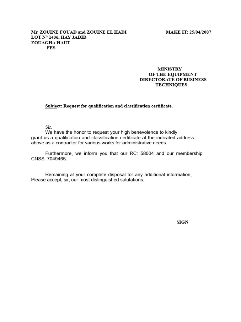 Qualification Request for Contractor Certificate | PDF