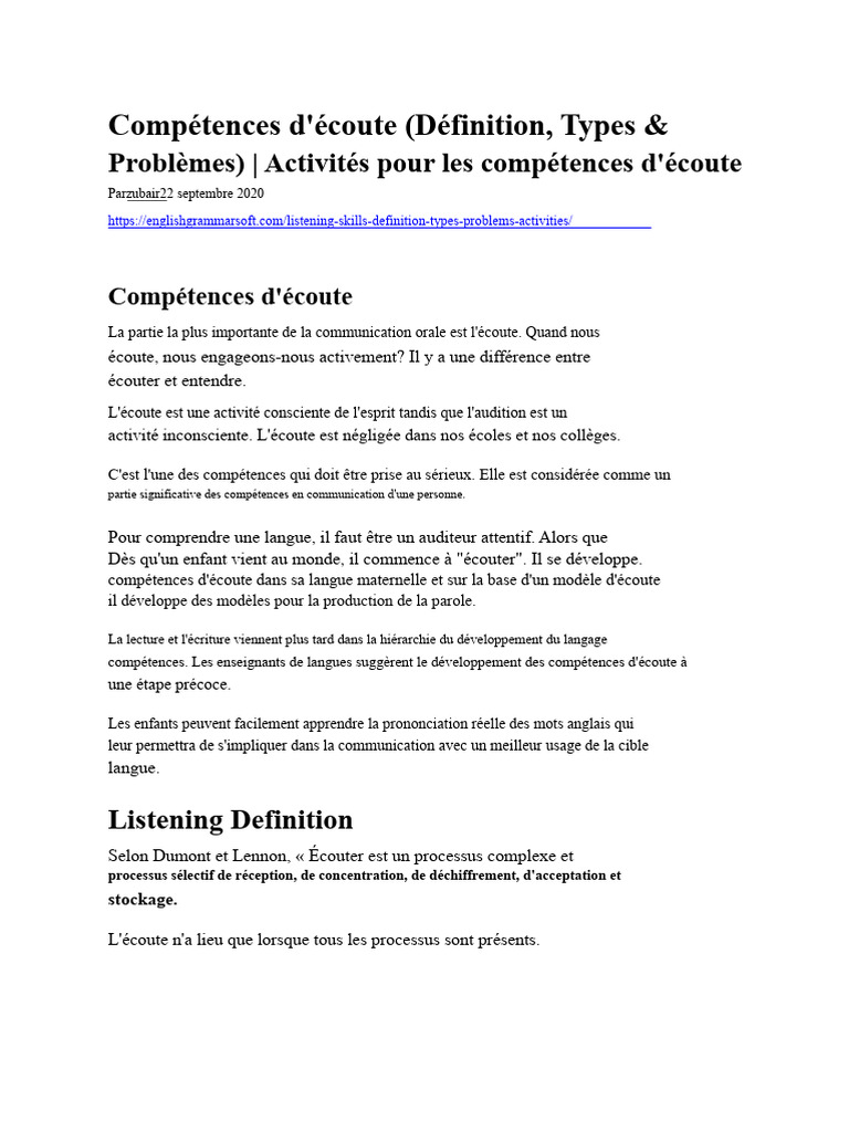 Compétences d'écoute : Types et Techniques | PDF | Apprentissage ...
