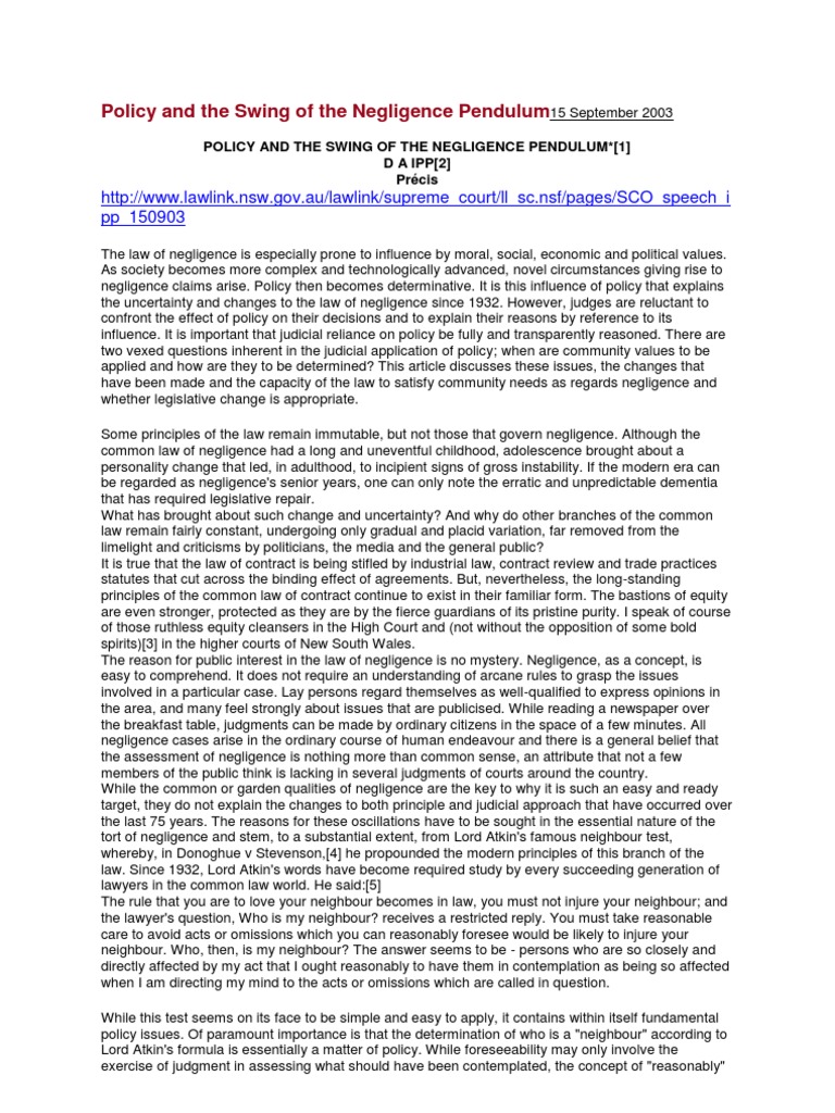Negligence Law: Policy Influences Explained | PDF | Duty Of Care ...
