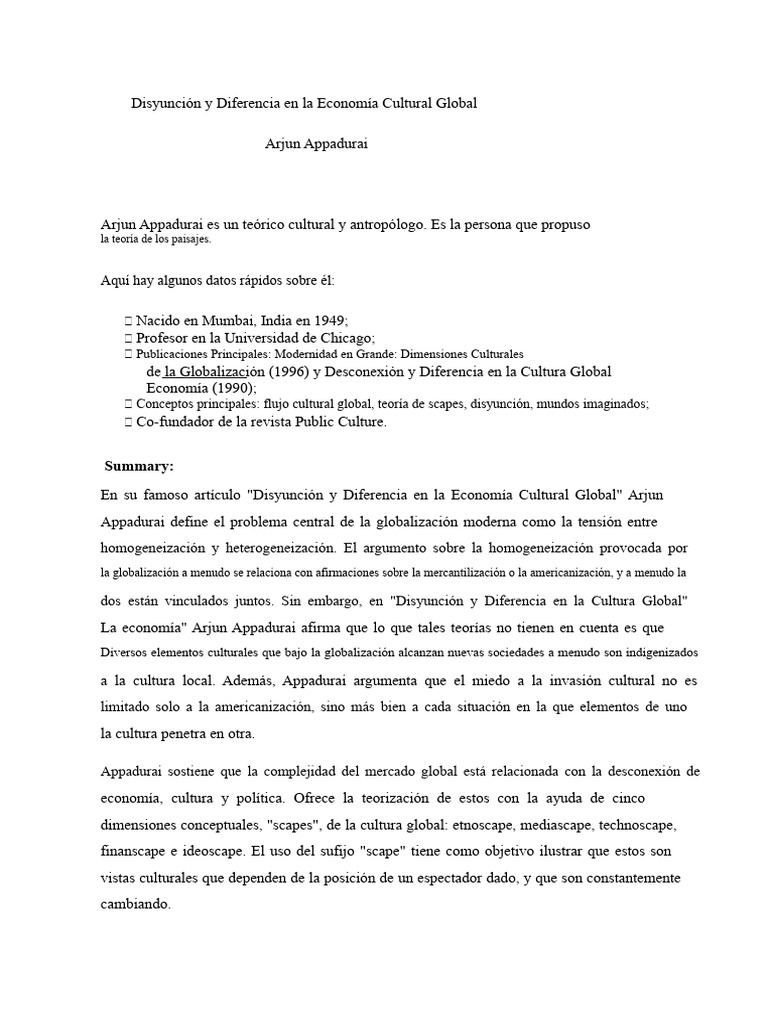 Disyunción y Diferencia en La Economía Cultural Global | PDF | Turismo ...