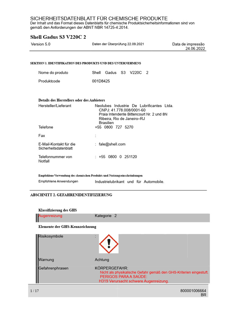 FISPQ - Shell Gadus S3 V220C 2 Automobil - Und Industriefett PDF | PDF