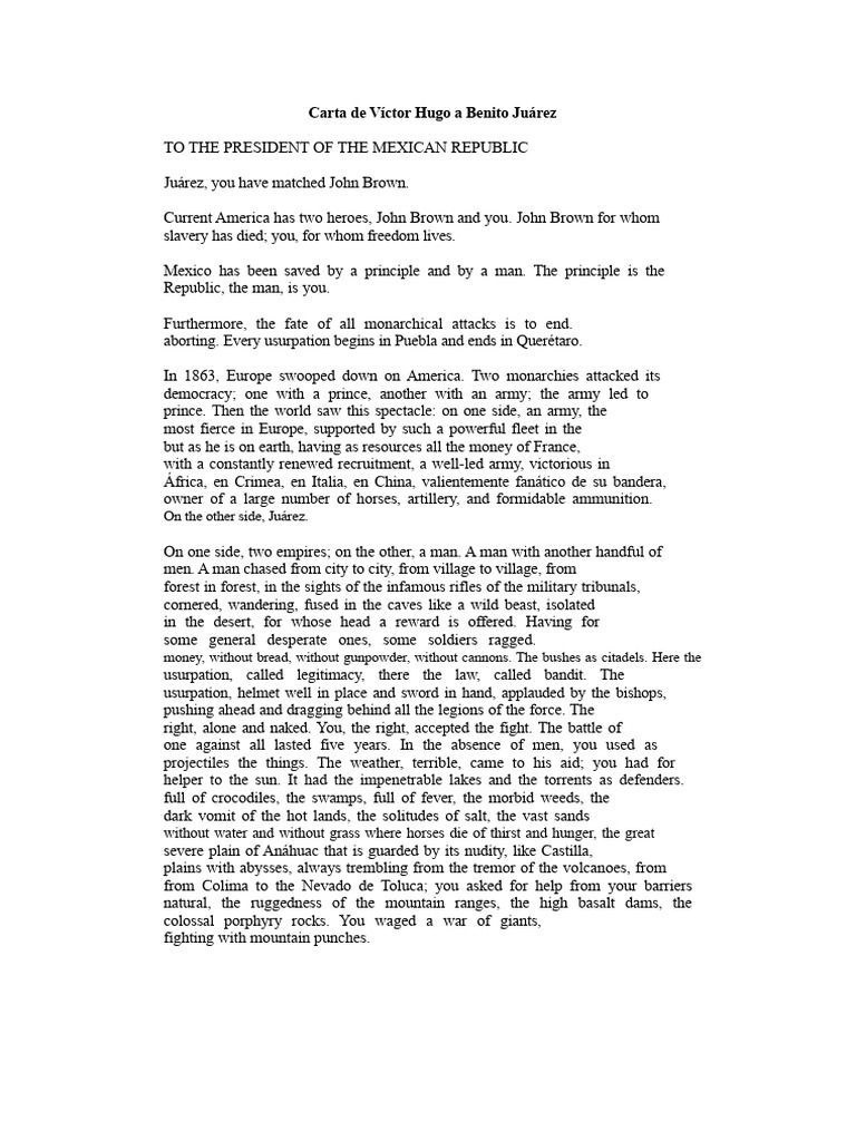 Victor Hugo's Letter to Juárez on Freedom | PDF