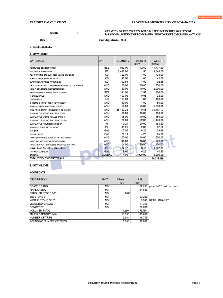 Calculation of Ground and Rural Freight Peru PDF | PDF | Cargo | Concrete