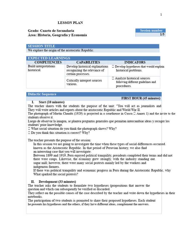 Aristocratic Republic Lesson Plan | PDF | Hypothesis | Peru
