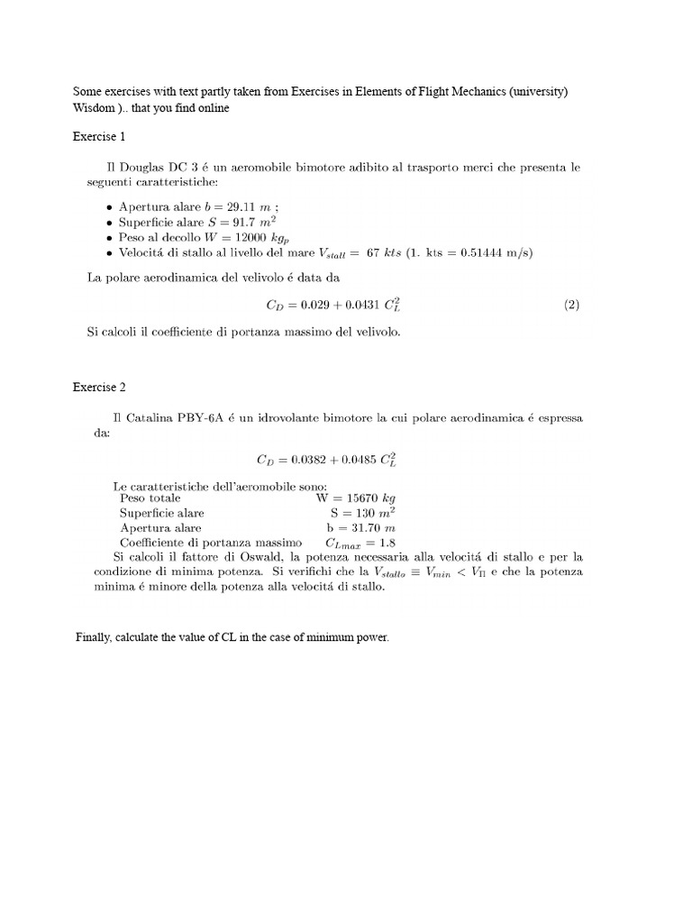 Flight Mechanics Exercises and Calculations | PDF