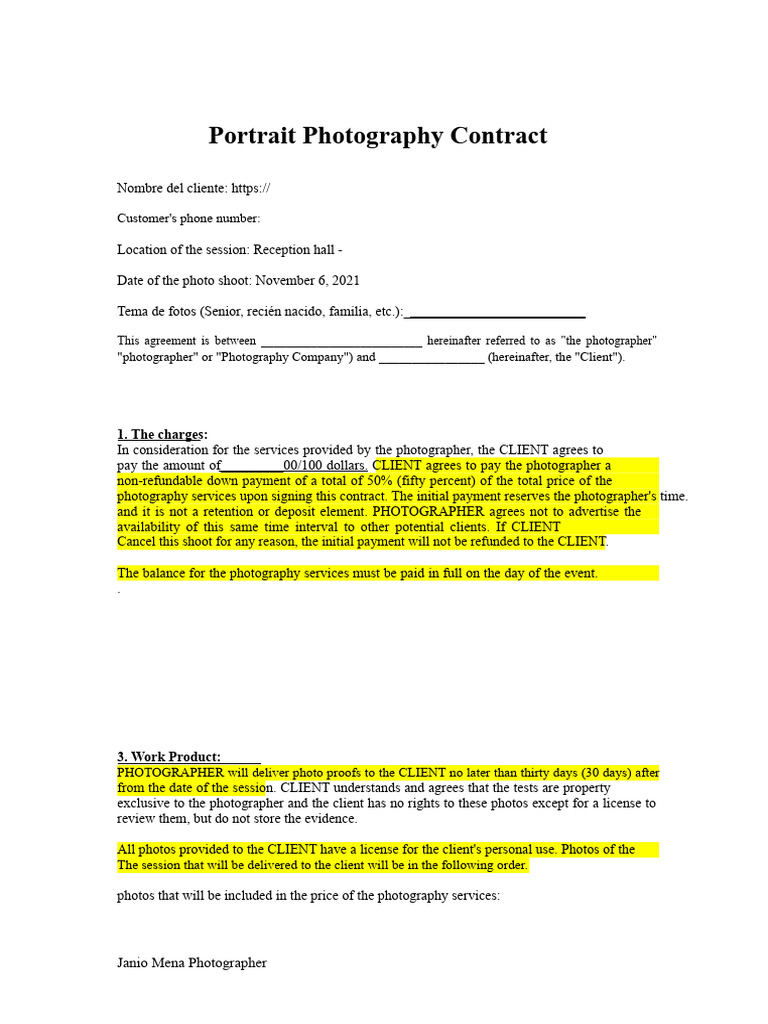 Portrait Photography Contract | PDF | Photographer | Business Law